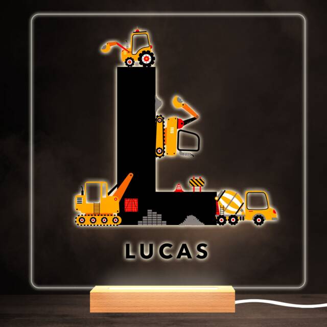 Construction Vehicles Alphabet Letter L Square Personalised Gift Night Light - Bedroom Lamp - image 1