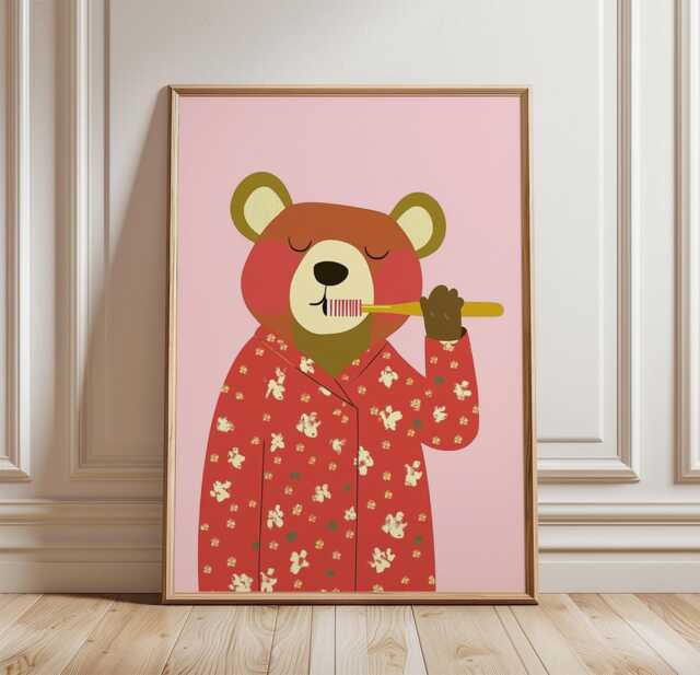 Cute Bear Poster, Kids Bathroom Wall Art Print, Brushing Teeth Animal Illustration, Nursery Decor, Funny Bedtime Routine Artwork - image 1