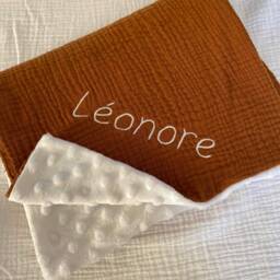 Minky Embroidered Double Cotton Gauze Baby Blanket/Cognac Plaid - thumbnail 2