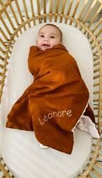 Minky Embroidered Double Cotton Gauze Baby Blanket/Cognac Plaid