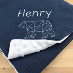 Minky Embroidered Double Cotton Gauze Baby Blanket/Cognac Plaid - thumbnail 3