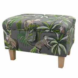 Handmade Monkey Grey Botanical Storage Ottoman - Tropical Animal Palm Tree Fabric Bespoke British Made