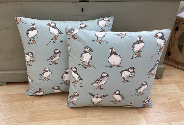 Atlantic Puffin Pillow Cover Set Duck Egg Blue Linen Coastal Cushions - image 1