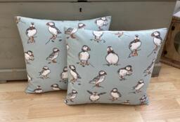 Atlantic Puffin Pillow Cover Set Duck Egg Blue Linen Coastal Cushions - thumbnail 1
