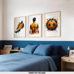 Boys Football Wall Art - Set Of 3 Posters - Custom Bedroom Decor Kids Prints Soccer Artwork Orange Personalised Footballer Gift - thumbnail 1