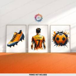 Boys Football Wall Art - Set Of 3 Posters - Custom Bedroom Decor Kids Prints Soccer Artwork Orange Personalised Footballer Gift - thumbnail 2