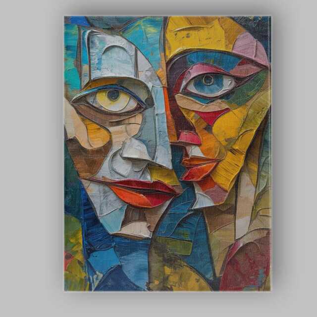 Contemporary Cubist Dual Faces Textured Abstract Portrait Canvas Wall Art Print Decor Picture Ready To Hang - image 1