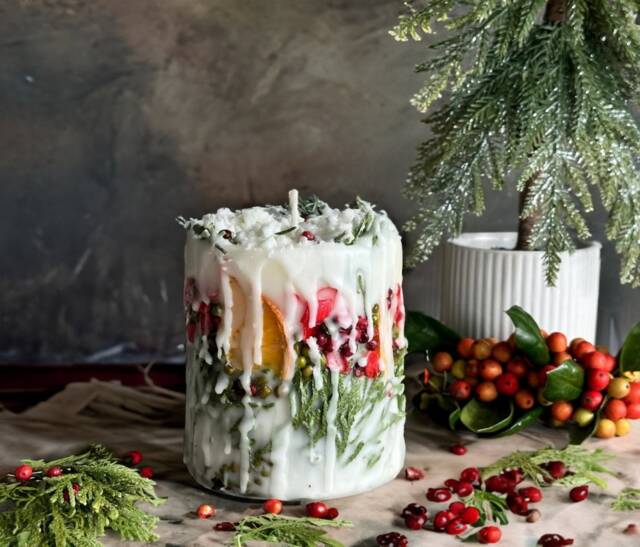 Christmas Candle Rustic Holiday Decor With Fir Sprigs, Orange & Spices - image 1