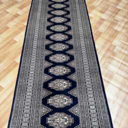 2.6x16 Navy Blue Bokhara Rug - Runner Hallway Luxury Long Fine Quality Green Afghan - thumbnail 3
