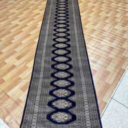 2.6x16 Navy Blue Bokhara Rug - Runner Hallway Luxury Long Fine Quality Green Afghan - thumbnail 2