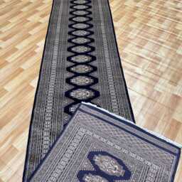 2.6x16 Navy Blue Bokhara Rug - Runner Hallway Luxury Long Fine Quality Green Afghan - thumbnail 4