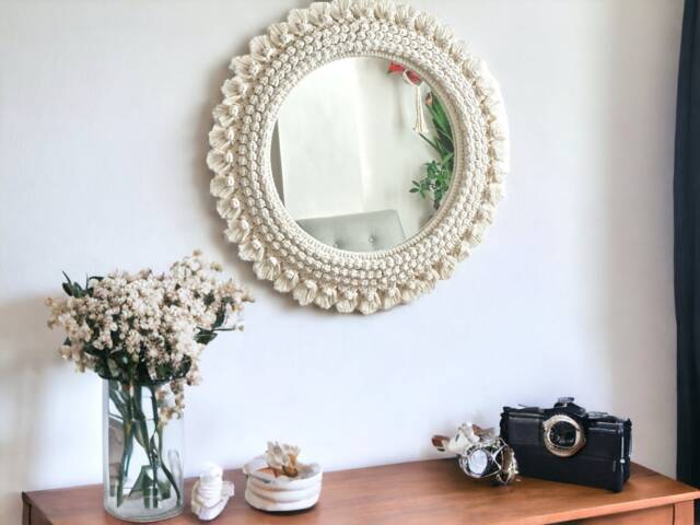 Large White Macrame Wall Mirror, Boho Home Decor - image 1