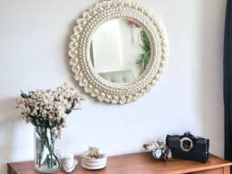 Large White Macrame Wall Mirror, Boho Home Decor - thumbnail 1