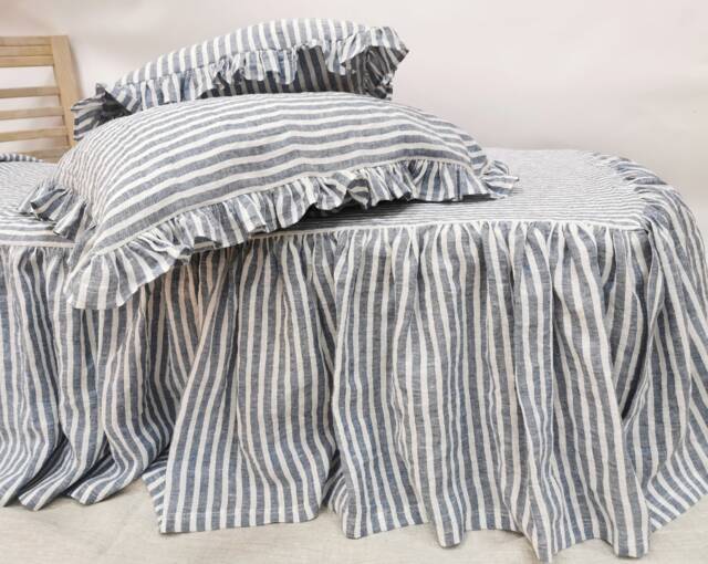 Nautic Blue Striped Linen Ruffle Bedskirt - Coastal Cottage Dust Gathered Bed Skirt Farmhouse Bedding Decor - image 1