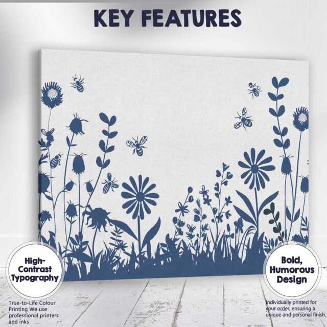 Wildflower Meadow Bees Botanical Silhouette Nature Illustration Canvas Wall Art Print Decor Picture Ready To Hang - image 1
