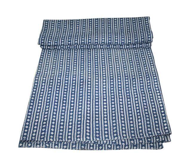 Indigo Blue Kantha Bed Cover Hand-Printed Cotton Quilt - 90x108Floral Print Bedspread Throw - image 1