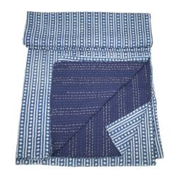 Indigo Blue Kantha Bed Cover Hand-Printed Cotton Quilt - 90x108Floral Print Bedspread Throw - thumbnail 2