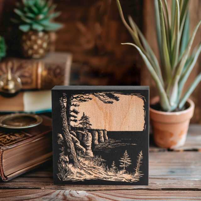 Michigan Pictured Rocks Engraved Birch Wood Panel - Linocut Block Print Wall Art, State Illustration, Folk Art Home Decor Gift - image 1