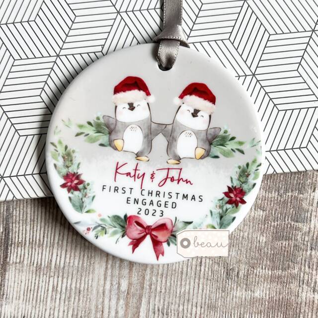 Personalised 1st First Christmas Engaged Engagement Gift Together Santa Penguin Greenery Acrylic Or Ceramic Round Ornament Keepsake - image 1
