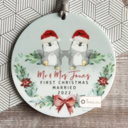 Personalised 1st First Christmas Engaged Engagement Gift Together Santa Penguin Greenery Acrylic Or Ceramic Round Ornament Keepsake - thumbnail 2