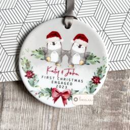 Personalised 1st First Christmas Engaged Engagement Gift Together Santa Penguin Greenery Acrylic Or Ceramic Round Ornament Keepsake - thumbnail 1