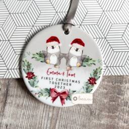 Personalised 1st First Christmas Engaged Engagement Gift Together Santa Penguin Greenery Acrylic Or Ceramic Round Ornament Keepsake - thumbnail 3