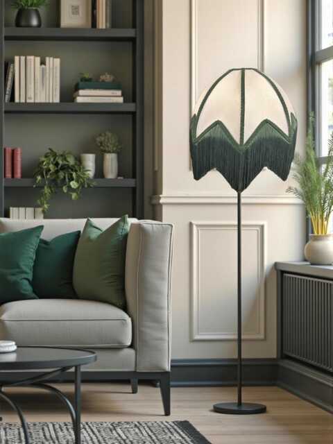 Bespoke Art Deco Cream Lampshade With A Dark Green Braid & Fringe, Handmade in The UK - image 1