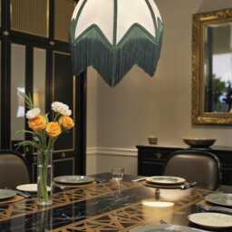 Bespoke Art Deco Cream Lampshade With A Dark Green Braid & Fringe, Handmade in The UK - thumbnail 3