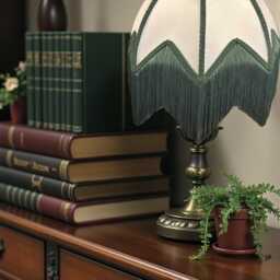 Bespoke Art Deco Cream Lampshade With A Dark Green Braid & Fringe, Handmade in The UK - thumbnail 2