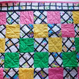 "Colorful Patchwork Quilt Pink, Green, Yellow Cotton Blanket - 50"" X 50" - thumbnail 3