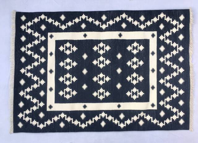 Multiple Sizes Cotton Black & White Handmade Rug Dhurrie - Hand Woven - image 1