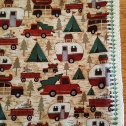 Flannel Baby Blanket With Vintage Trailers Christmas Print & Crocheted Edges - thumbnail 2