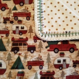 Flannel Baby Blanket With Vintage Trailers Christmas Print & Crocheted Edges - thumbnail 4