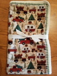 Flannel Baby Blanket With Vintage Trailers Christmas Print & Crocheted Edges