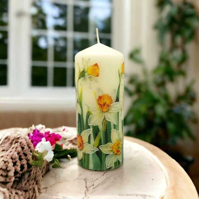 Hand-Decorated Daffodil Pillar Candle Spring Home Decor - 16cm - image 1