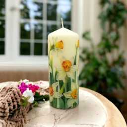 Hand-Decorated Daffodil Pillar Candle Spring Home Decor - 16cm