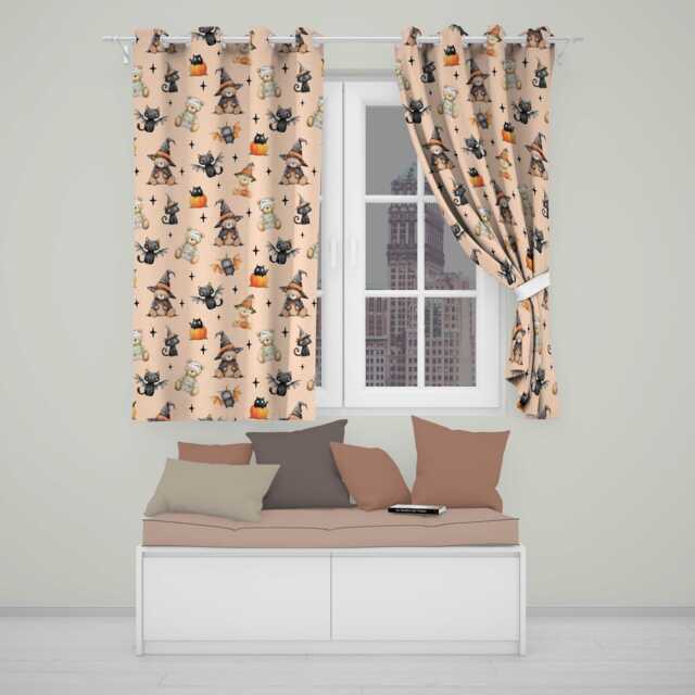 Halloween Teddy Bear Witch Cat Bat Pumpkin Seamless Pattern Peach Readymade Eyelet Ring Top Thermal 100% Blackout Curtains - image 1