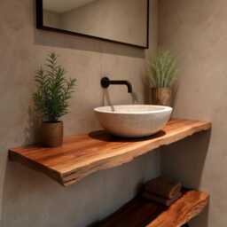 Live Edge Floating Bathroom Vanity, Handmade Reclaimed Wood Sink Shelf, Wall Mounted Vanity For Powder Room, Rustic Farmhouse Style - thumbnail 3