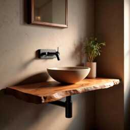 Live Edge Floating Bathroom Vanity, Handmade Reclaimed Wood Sink Shelf, Wall Mounted Vanity For Powder Room, Rustic Farmhouse Style - thumbnail 2