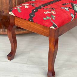 Vintage Kilim Ottoman Stool, Handcrafted Beech Wood Foot Rest - thumbnail 3
