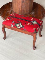 Vintage Kilim Ottoman Stool, Handcrafted Beech Wood Foot Rest