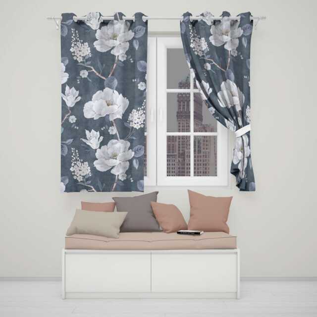 Grey Blue Floral Eyelet Blackout Curtains Botanical Flower Window Drapes Curtain Panels Thermal Room Darkening - image 1
