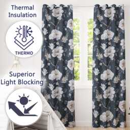 Grey Blue Floral Eyelet Blackout Curtains Botanical Flower Window Drapes Curtain Panels Thermal Room Darkening - thumbnail 2