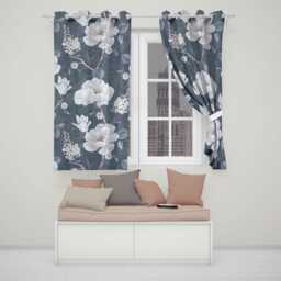 Grey Blue Floral Eyelet Blackout Curtains Botanical Flower Window Drapes Curtain Panels Thermal Room Darkening