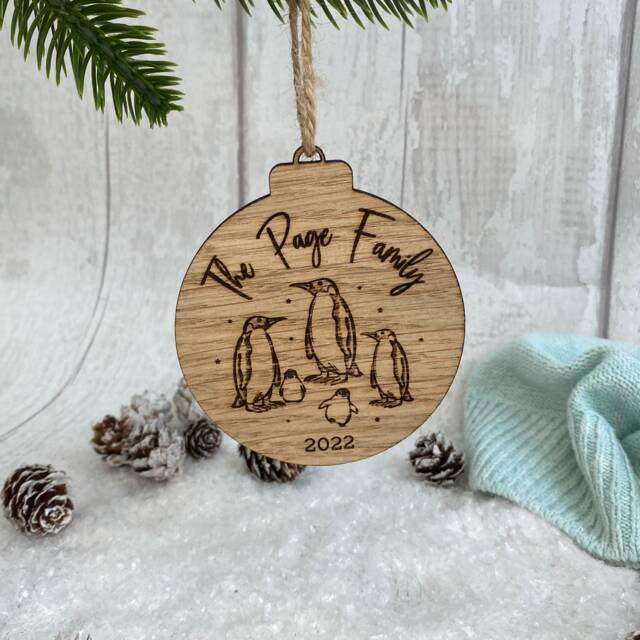 Personalised Family Christmas Bauble - Penguin Decoration Wooden - image 1