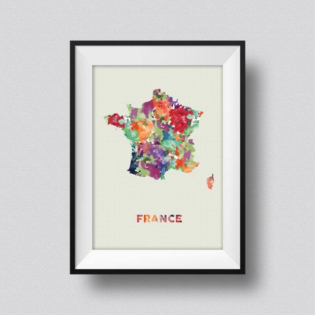 France Watercolor Map Art Print Ink Splash Poster Canvas