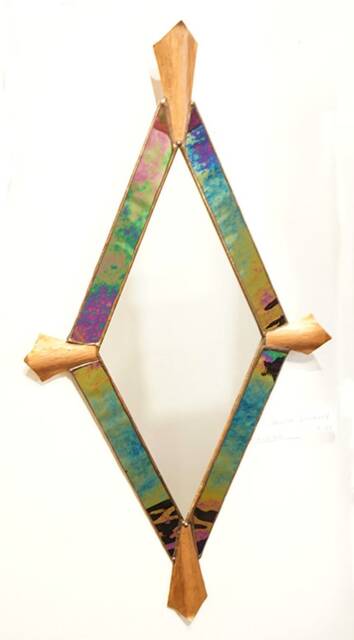 Handmade Mirror, Iridescent Glass, Chevron Shape, Hammered Copper - image 1