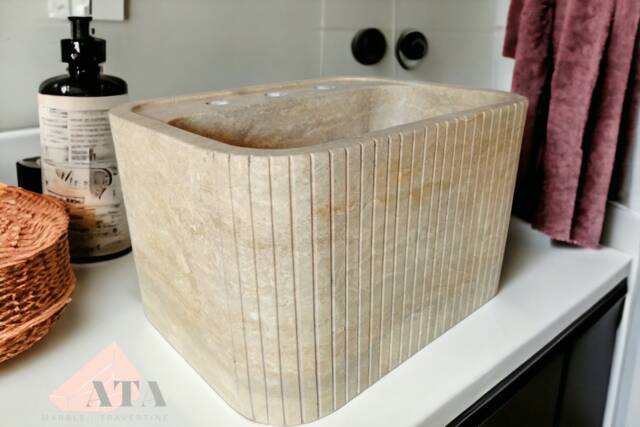 Hand Reeded Travertine Sink Wall Mount Or Vanity Top - image 1
