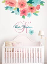Watercolor Flower Wall Stickers Coral Mint Blooms, Kids Room Decor - thumbnail 1
