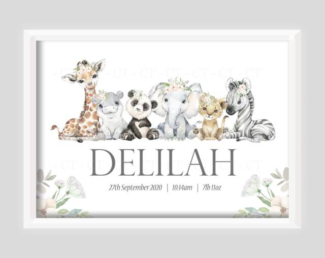 Personalised Safari Animal Zoo Jungle Girl Print Unframed Birth Gift New Baby Keepsake Lion Elephant Giraffe Zebra Flowers
